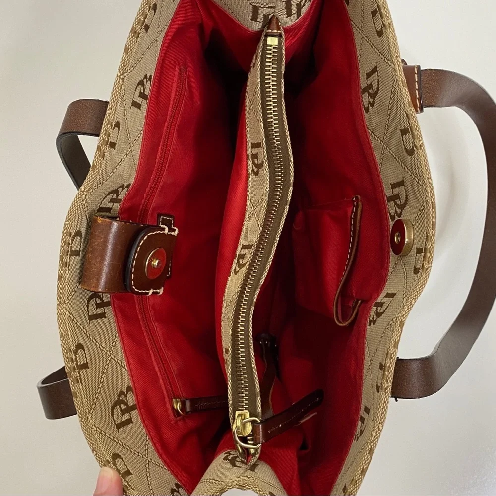 Dooney & Bourke Tan Logo Jacquard Tote with Brown Leather Trim